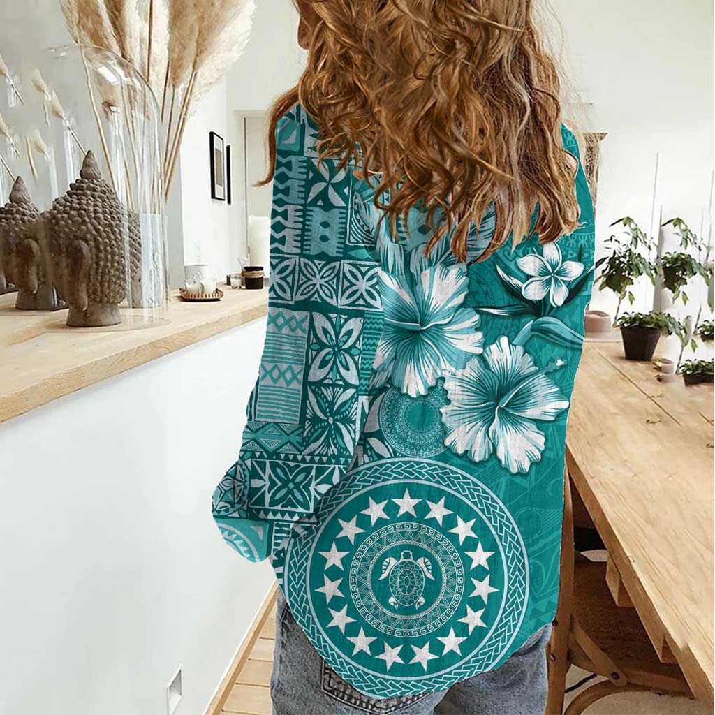 Cook Islands Women Casual Shirt Teal Hibiscus And Stars