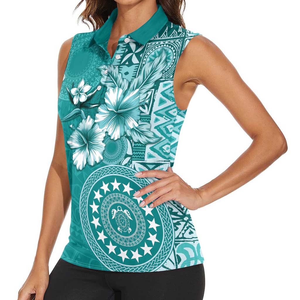 Cook Islands Women Sleeveless Polo Shirt Teal Hibiscus And Stars