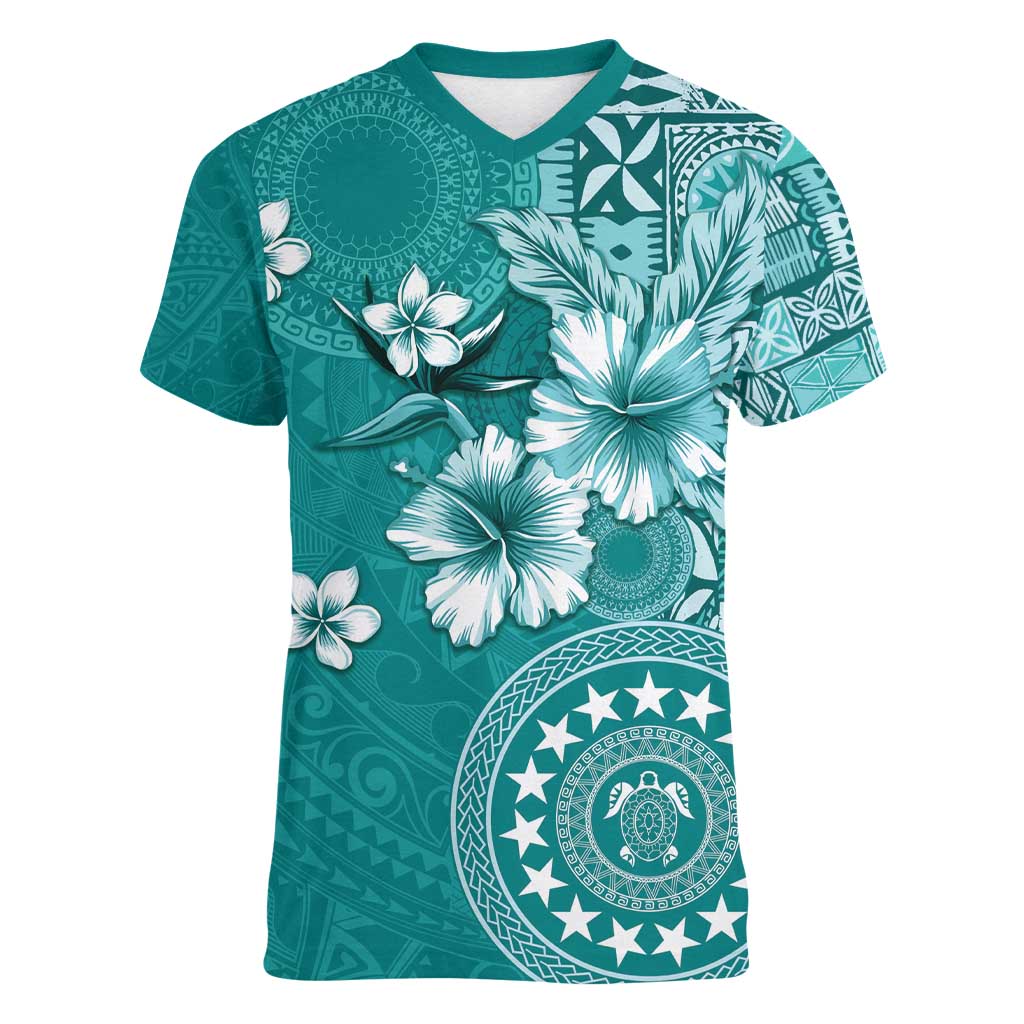Cook Islands Women V-Neck T-Shirt Teal Hibiscus And Stars