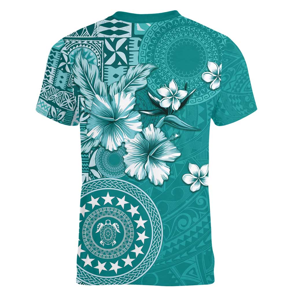 Cook Islands Women V-Neck T-Shirt Teal Hibiscus And Stars
