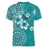Cook Islands Women V-Neck T-Shirt Teal Hibiscus And Stars
