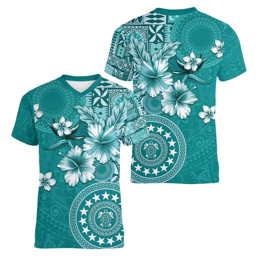 Cook Islands Women V-Neck T-Shirt Teal Hibiscus And Stars