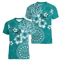 Cook Islands Women V-Neck T-Shirt Teal Hibiscus And Stars