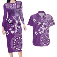 Cook Islands Couples Matching Long Sleeve Bodycon Dress and Hawaiian Shirt Purple Hibiscus And Stars LT05 Purple - Polynesian Pride