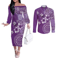 Cook Islands Couples Matching Off The Shoulder Long Sleeve Dress and Long Sleeve Button Shirt Purple Hibiscus And Stars LT05 Purple - Polynesian Pride