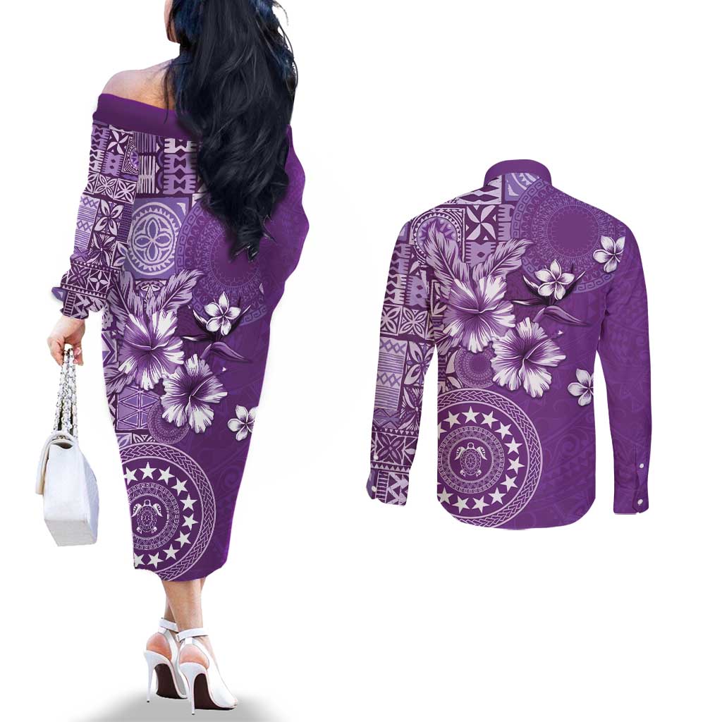 Cook Islands Couples Matching Off The Shoulder Long Sleeve Dress and Long Sleeve Button Shirt Purple Hibiscus And Stars LT05 - Polynesian Pride