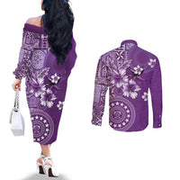 Cook Islands Couples Matching Off The Shoulder Long Sleeve Dress and Long Sleeve Button Shirt Purple Hibiscus And Stars LT05 - Polynesian Pride