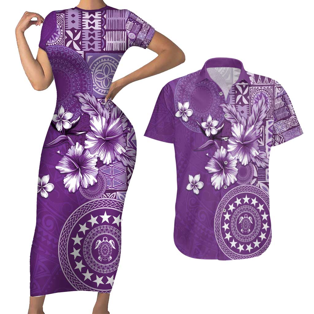 Cook Islands Couples Matching Short Sleeve Bodycon Dress and Hawaiian Shirt Purple Hibiscus And Stars LT05 Purple - Polynesian Pride