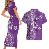 Cook Islands Couples Matching Short Sleeve Bodycon Dress and Hawaiian Shirt Purple Hibiscus And Stars LT05 - Polynesian Pride