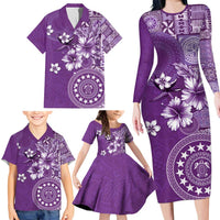 Cook Islands Family Matching Long Sleeve Bodycon Dress and Hawaiian Shirt Purple Hibiscus And Stars LT05 - Polynesian Pride