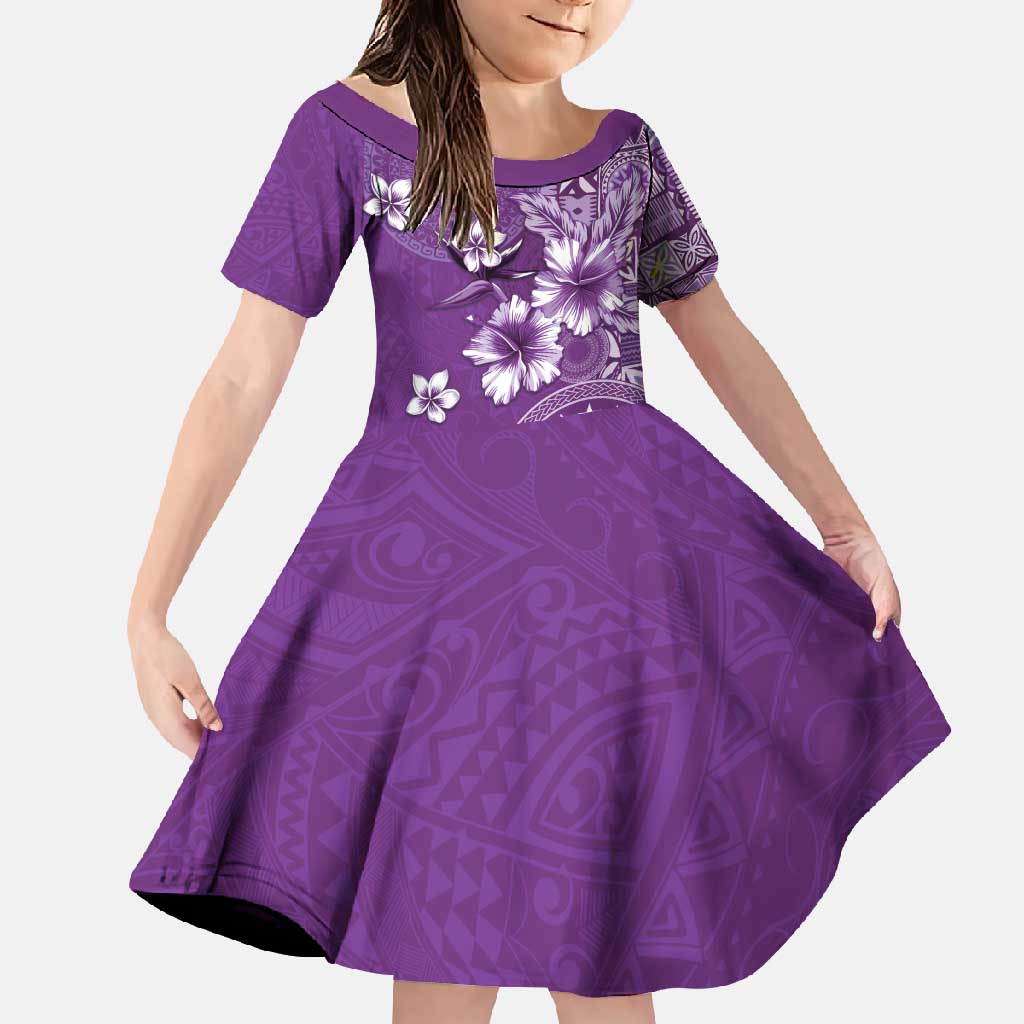 Cook Islands Family Matching Mermaid Dress and Hawaiian Shirt Purple Hibiscus And Stars LT05 Daughter's Dress Purple - Polynesian Pride