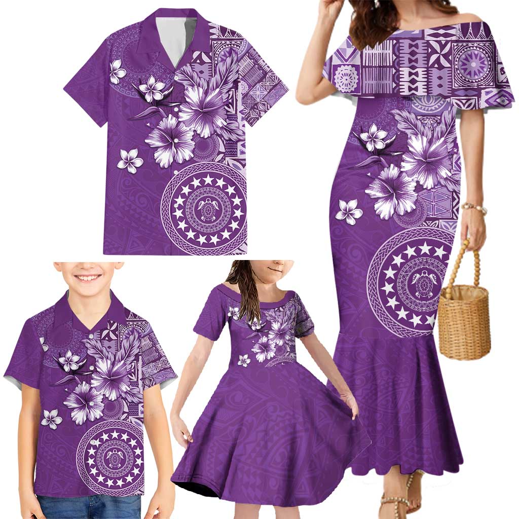 Cook Islands Family Matching Mermaid Dress and Hawaiian Shirt Purple Hibiscus And Stars LT05 - Polynesian Pride