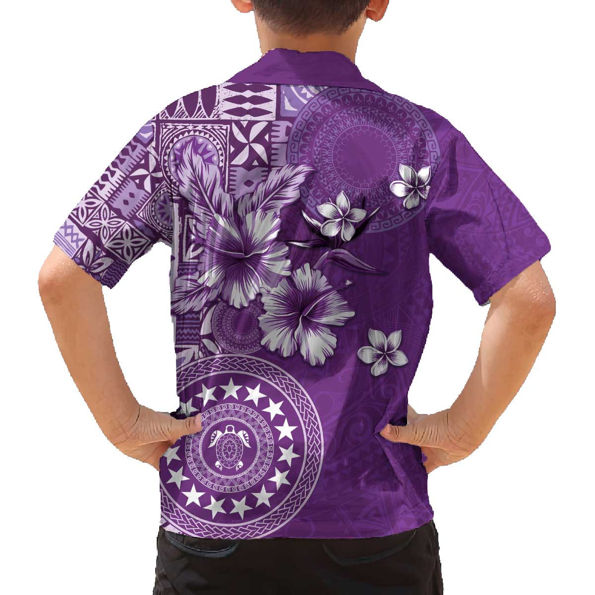 Cook Islands Family Matching Off The Shoulder Long Sleeve Dress and Hawaiian Shirt Purple Hibiscus And Stars LT05 - Polynesian Pride