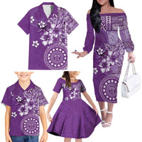 Cook Islands Family Matching Off The Shoulder Long Sleeve Dress and Hawaiian Shirt Purple Hibiscus And Stars LT05 - Polynesian Pride