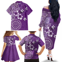 Cook Islands Family Matching Off The Shoulder Long Sleeve Dress and Hawaiian Shirt Purple Hibiscus And Stars LT05 - Polynesian Pride