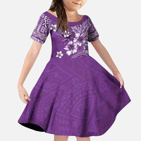 Cook Islands Family Matching Off Shoulder Maxi Dress and Hawaiian Shirt Purple Hibiscus And Stars LT05 Daughter's Dress Purple - Polynesian Pride