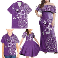 Cook Islands Family Matching Off Shoulder Maxi Dress and Hawaiian Shirt Purple Hibiscus And Stars LT05 - Polynesian Pride