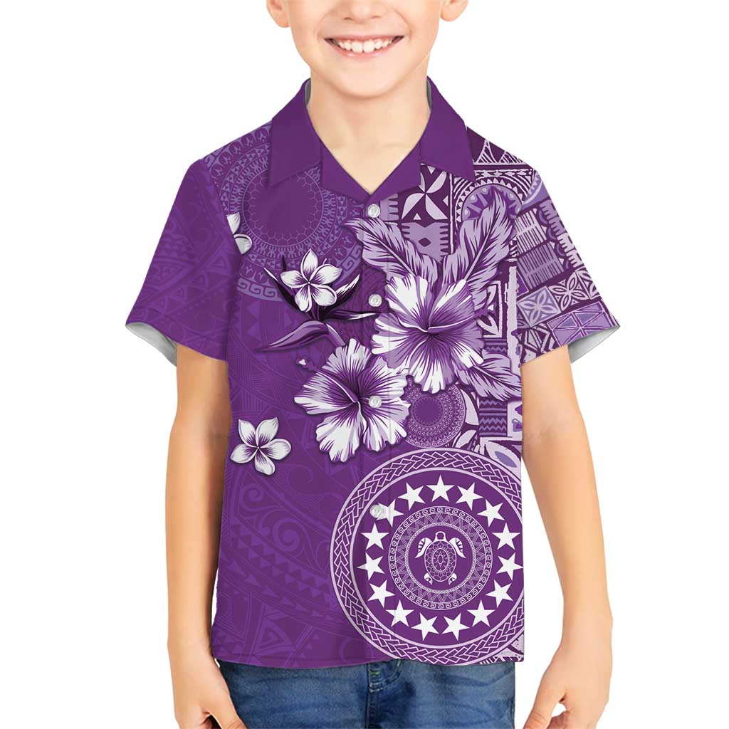 Cook Islands Family Matching Off Shoulder Maxi Dress and Hawaiian Shirt Purple Hibiscus And Stars LT05 Son's Shirt Purple - Polynesian Pride