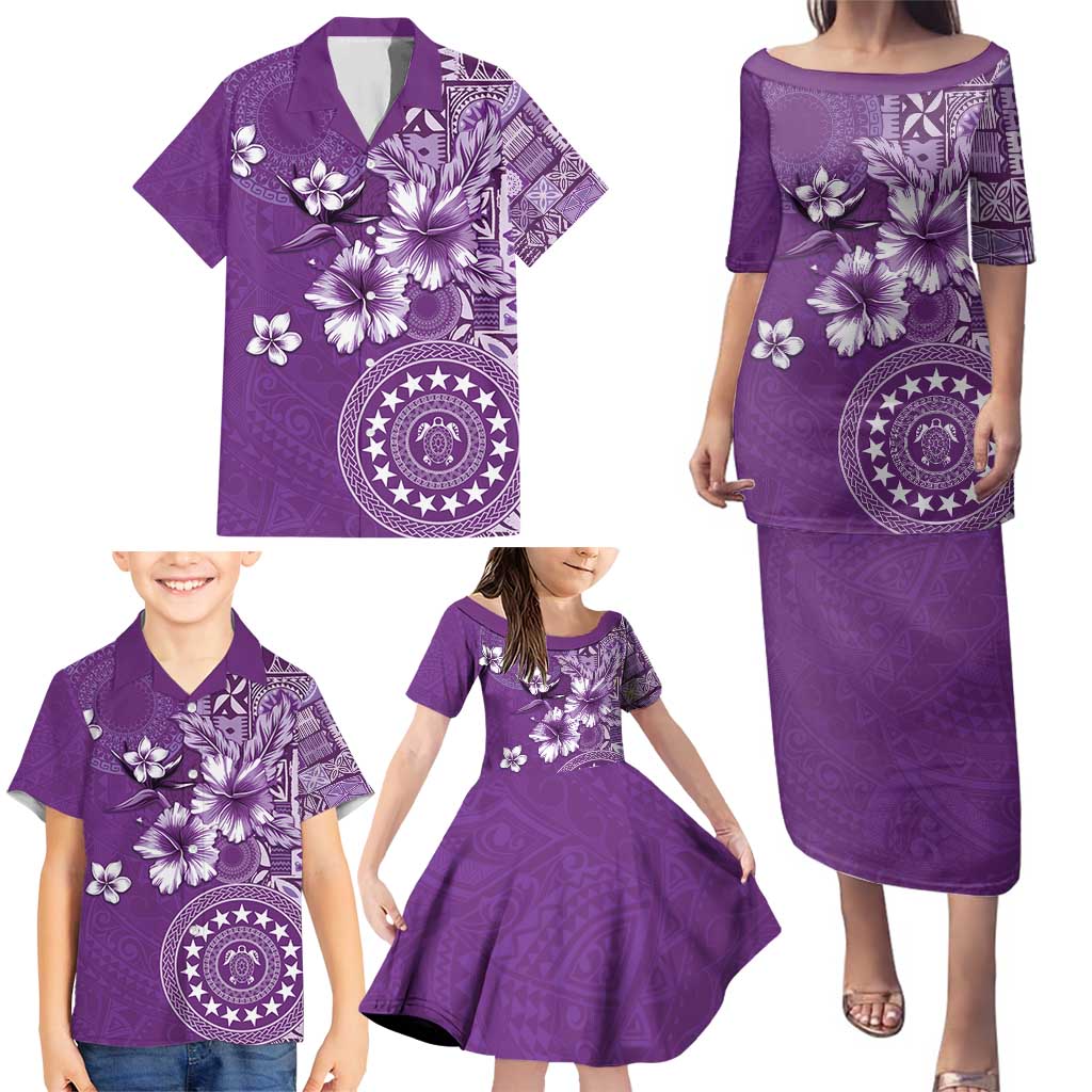 Cook Islands Family Matching Puletasi and Hawaiian Shirt Purple Hibiscus And Stars LT05 - Polynesian Pride