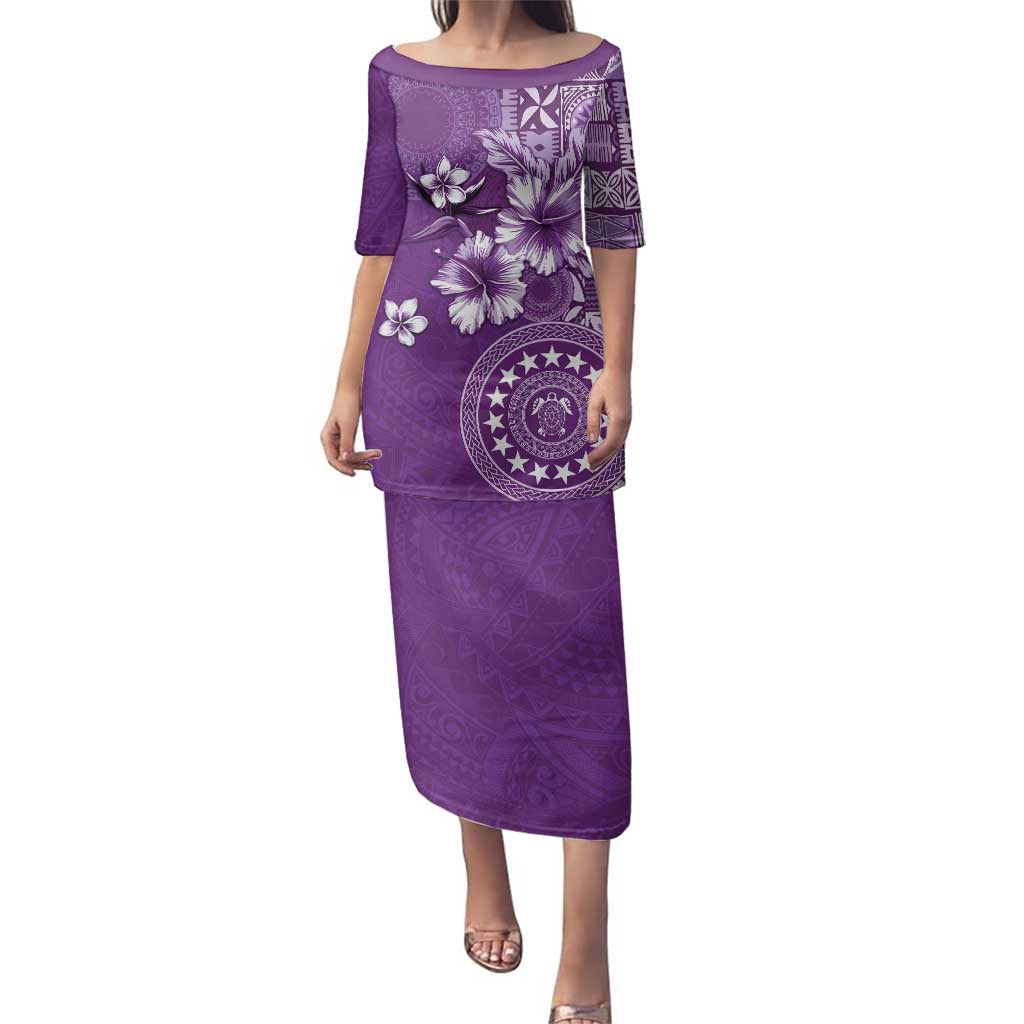 Cook Islands Family Matching Puletasi and Hawaiian Shirt Purple Hibiscus And Stars LT05 Mom's Dress Purple - Polynesian Pride
