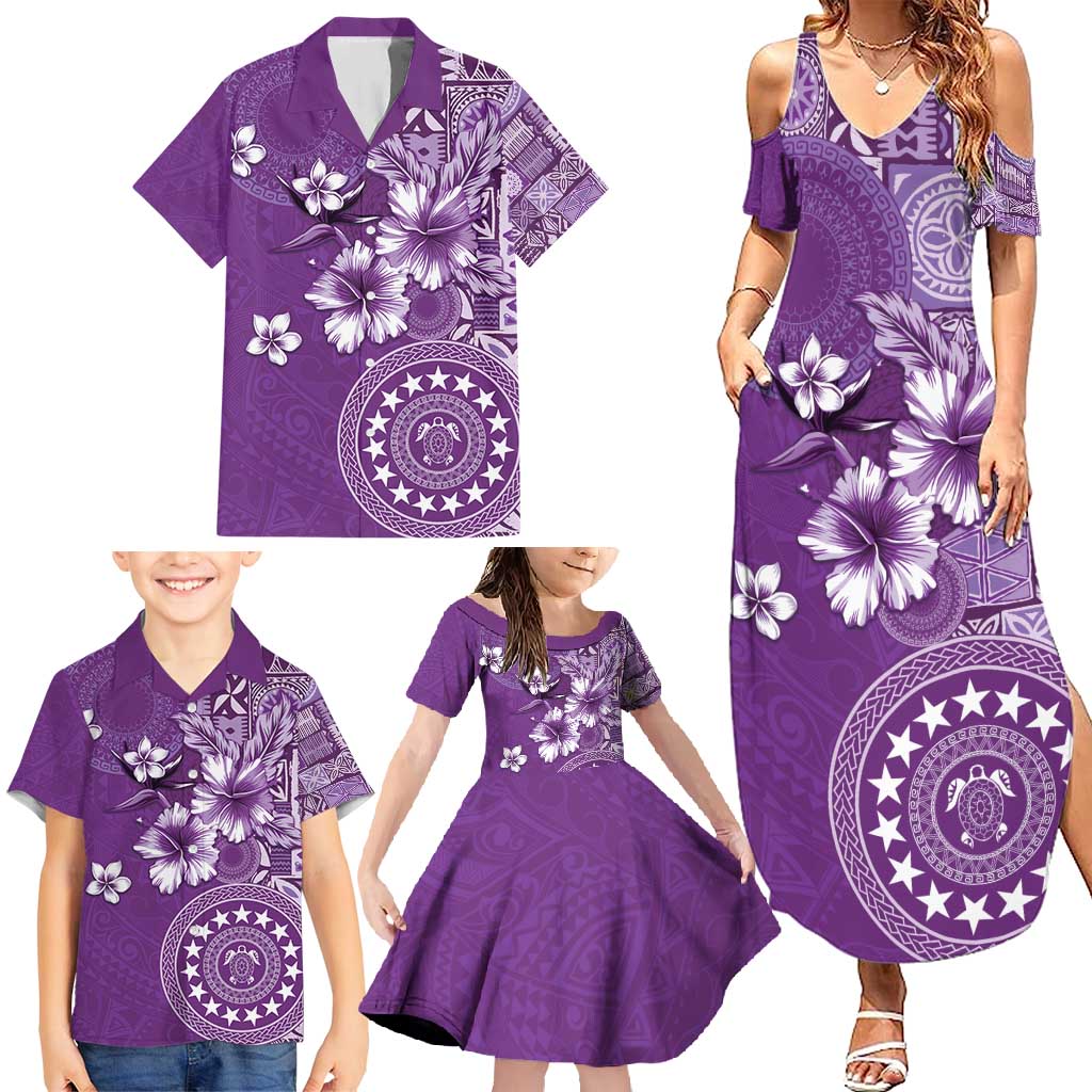Cook Islands Family Matching Summer Maxi Dress and Hawaiian Shirt Purple Hibiscus And Stars LT05 - Polynesian Pride