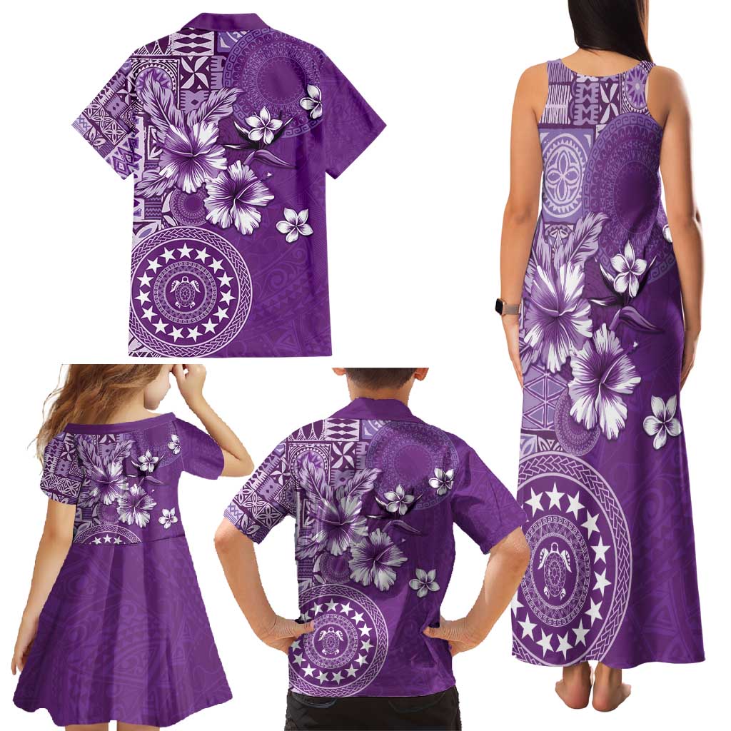 Cook Islands Family Matching Tank Maxi Dress and Hawaiian Shirt Purple Hibiscus And Stars LT05 - Polynesian Pride