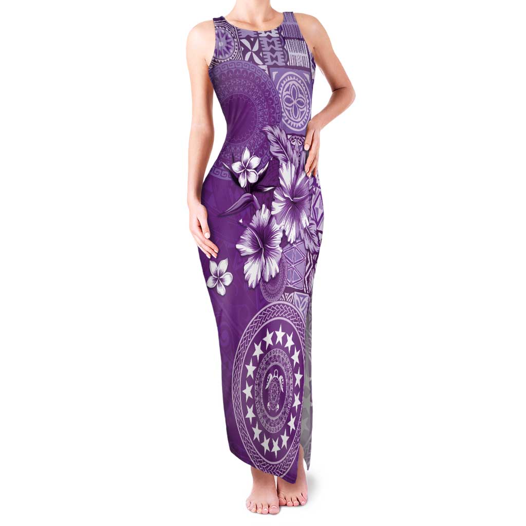 Cook Islands Family Matching Tank Maxi Dress and Hawaiian Shirt Purple Hibiscus And Stars LT05 Mom's Dress Purple - Polynesian Pride