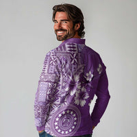 Cook Islands Long Sleeve Polo Shirt Purple Hibiscus And Stars