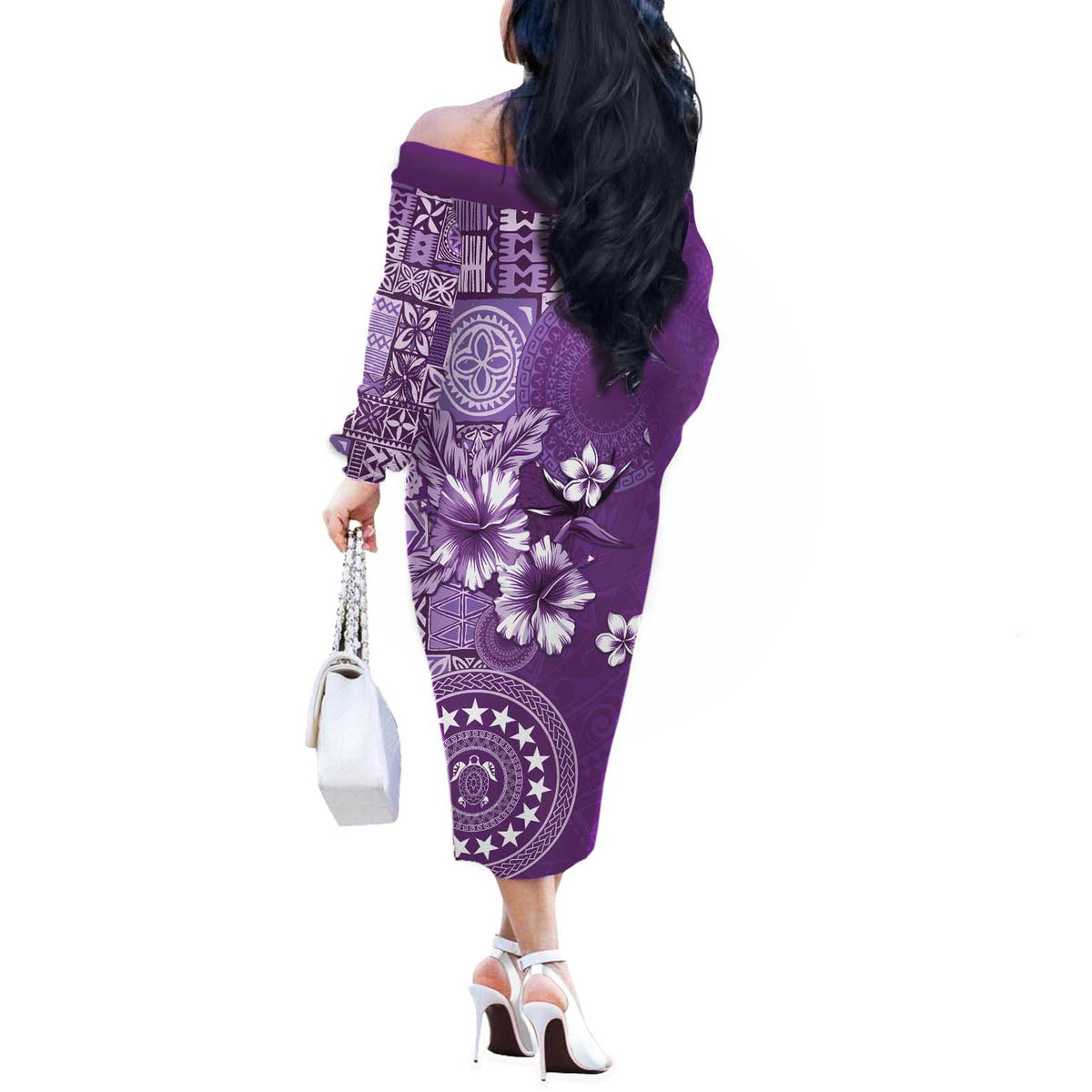 Cook Islands Off The Shoulder Long Sleeve Dress Purple Hibiscus And Stars