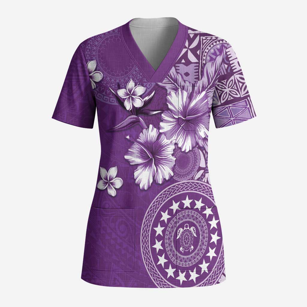 Cook Islands Scrub Top Purple Hibiscus And Stars - Polynesian Pride