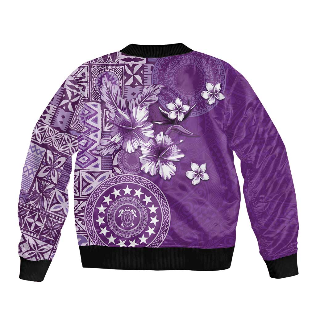 Cook Islands Sleeve Zip Bomber Jacket Purple Hibiscus And Stars