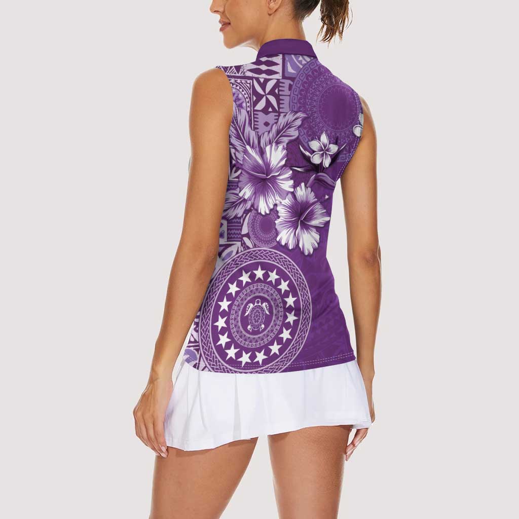Cook Islands Women Sleeveless Polo Shirt Purple Hibiscus And Stars