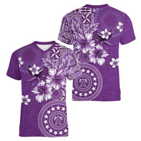 Cook Islands Women V-Neck T-Shirt Purple Hibiscus And Stars