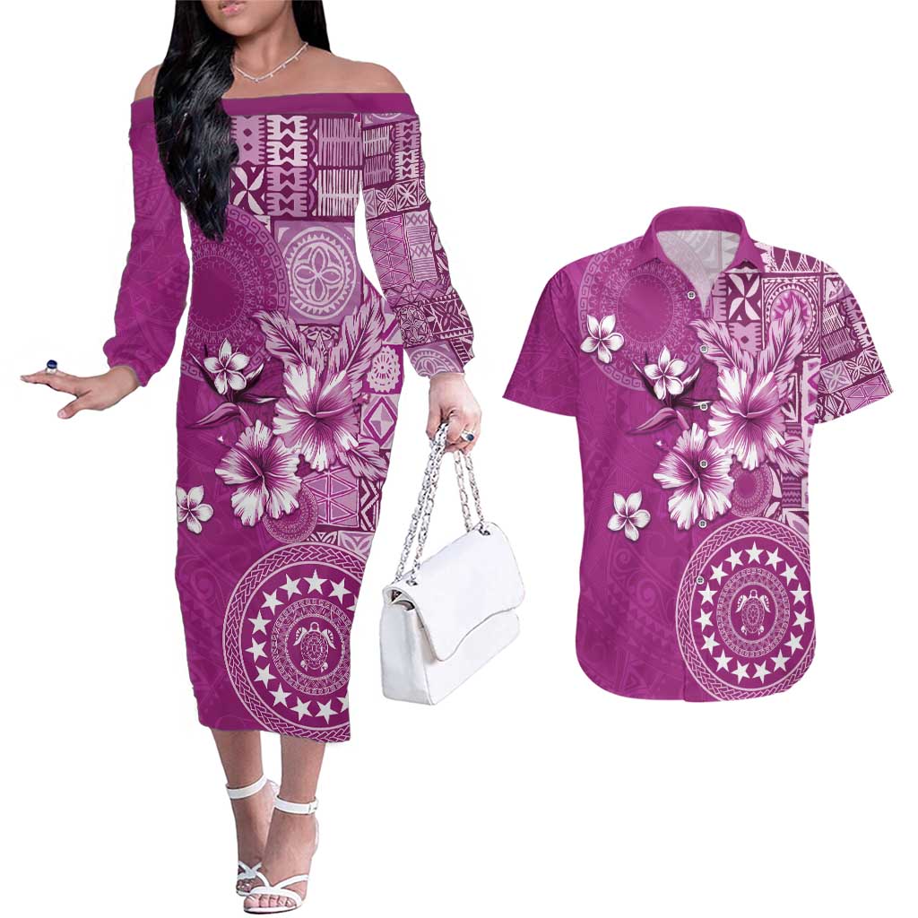 Cook Islands Couples Matching Off The Shoulder Long Sleeve Dress and Hawaiian Shirt Fandango Hibiscus And Stars LT05 Fandango - Polynesian Pride