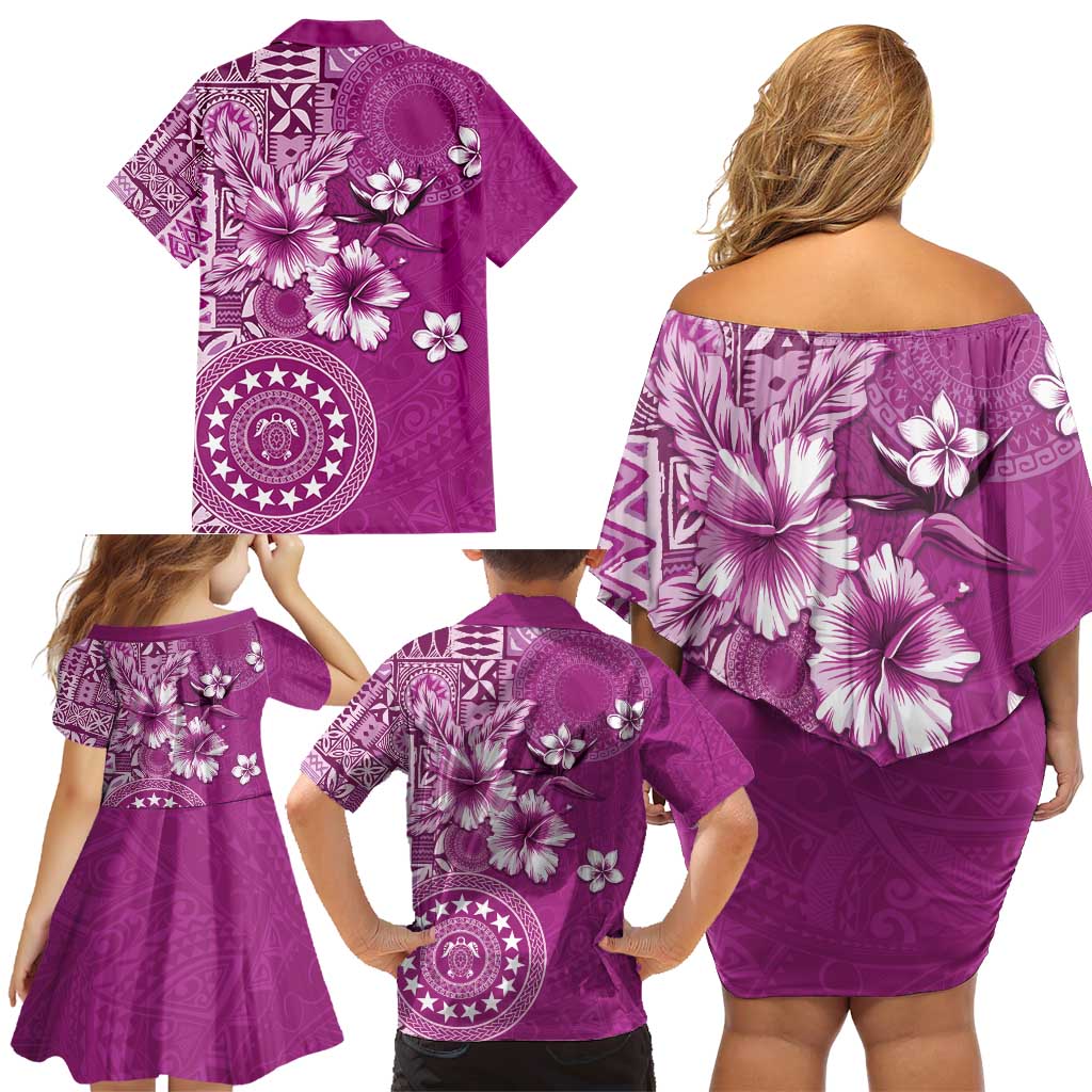 Cook Islands Family Matching Off Shoulder Short Dress and Hawaiian Shirt Fandango Hibiscus And Stars LT05 - Polynesian Pride