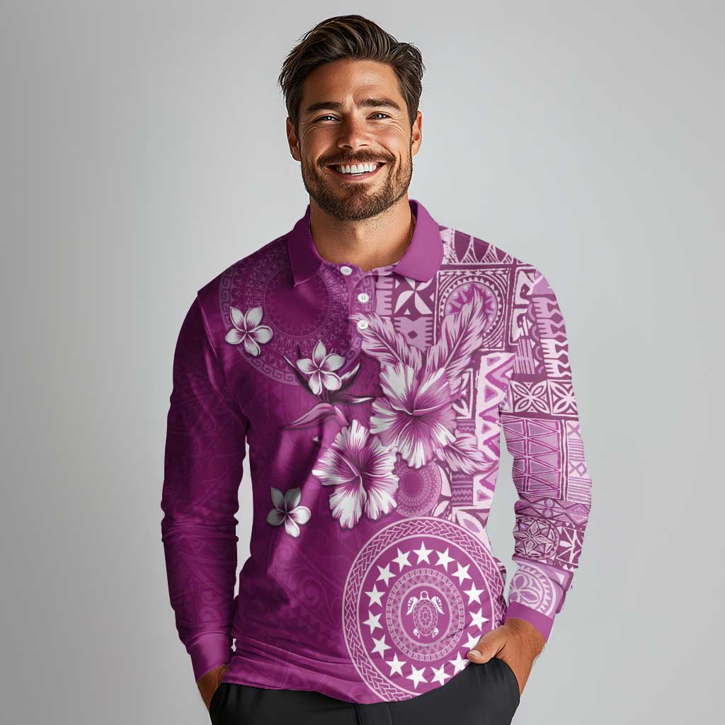 Cook Islands Long Sleeve Polo Shirt Fandango Hibiscus And Stars