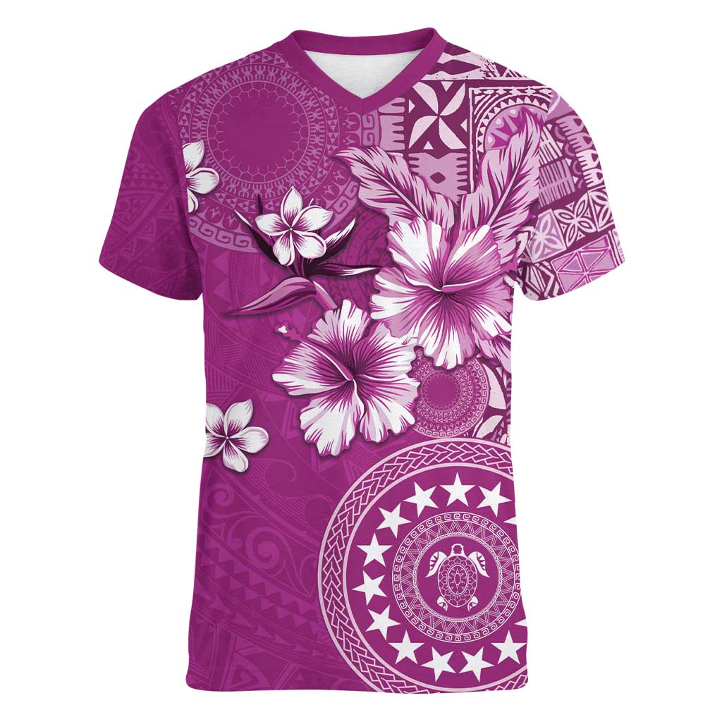 Cook Islands Women V-Neck T-Shirt Fandango Hibiscus And Stars