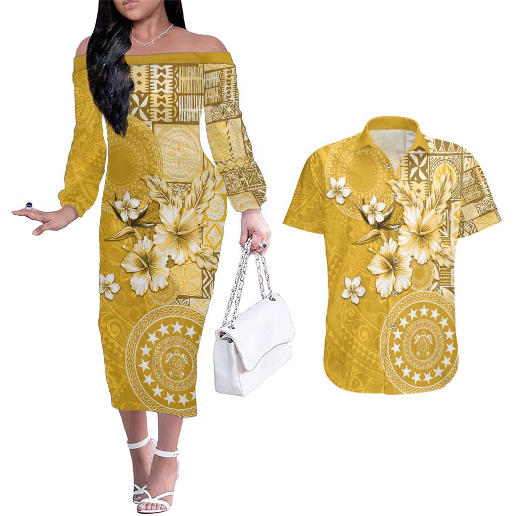 Cook Islands Couples Matching Off The Shoulder Long Sleeve Dress and Hawaiian Shirt Yellow Hibiscus And Stars LT05 Yellow - Polynesian Pride