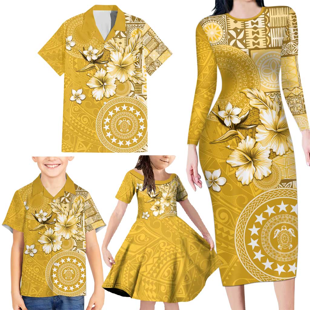 Cook Islands Family Matching Long Sleeve Bodycon Dress and Hawaiian Shirt Yellow Hibiscus And Stars LT05 - Polynesian Pride