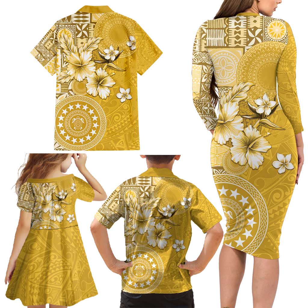 Cook Islands Family Matching Long Sleeve Bodycon Dress and Hawaiian Shirt Yellow Hibiscus And Stars LT05 - Polynesian Pride