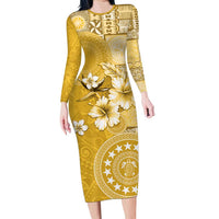 Cook Islands Family Matching Long Sleeve Bodycon Dress and Hawaiian Shirt Yellow Hibiscus And Stars LT05 Mom's Dress Yellow - Polynesian Pride