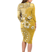 Cook Islands Family Matching Long Sleeve Bodycon Dress and Hawaiian Shirt Yellow Hibiscus And Stars LT05 - Polynesian Pride