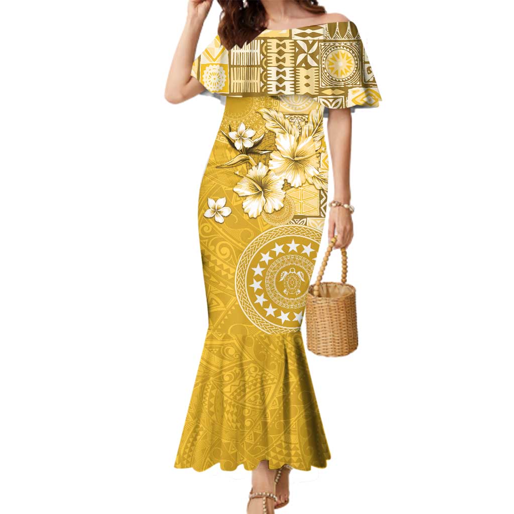 Cook Islands Family Matching Mermaid Dress and Hawaiian Shirt Yellow Hibiscus And Stars LT05 Mom's Dress Yellow - Polynesian Pride