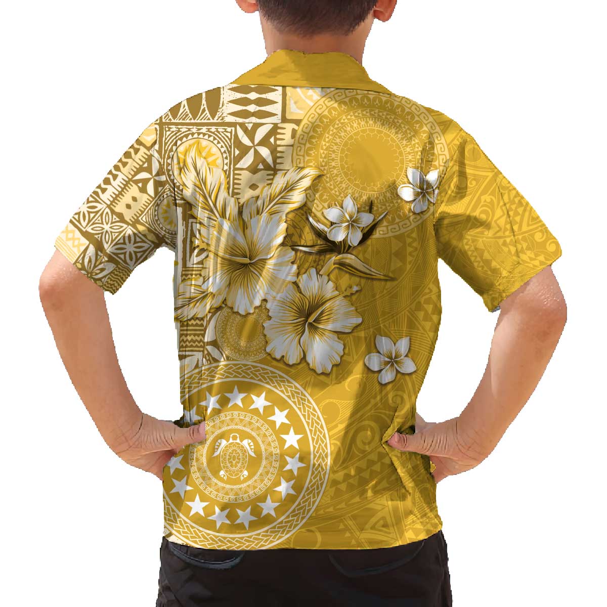 Cook Islands Family Matching Off The Shoulder Long Sleeve Dress and Hawaiian Shirt Yellow Hibiscus And Stars LT05 - Polynesian Pride