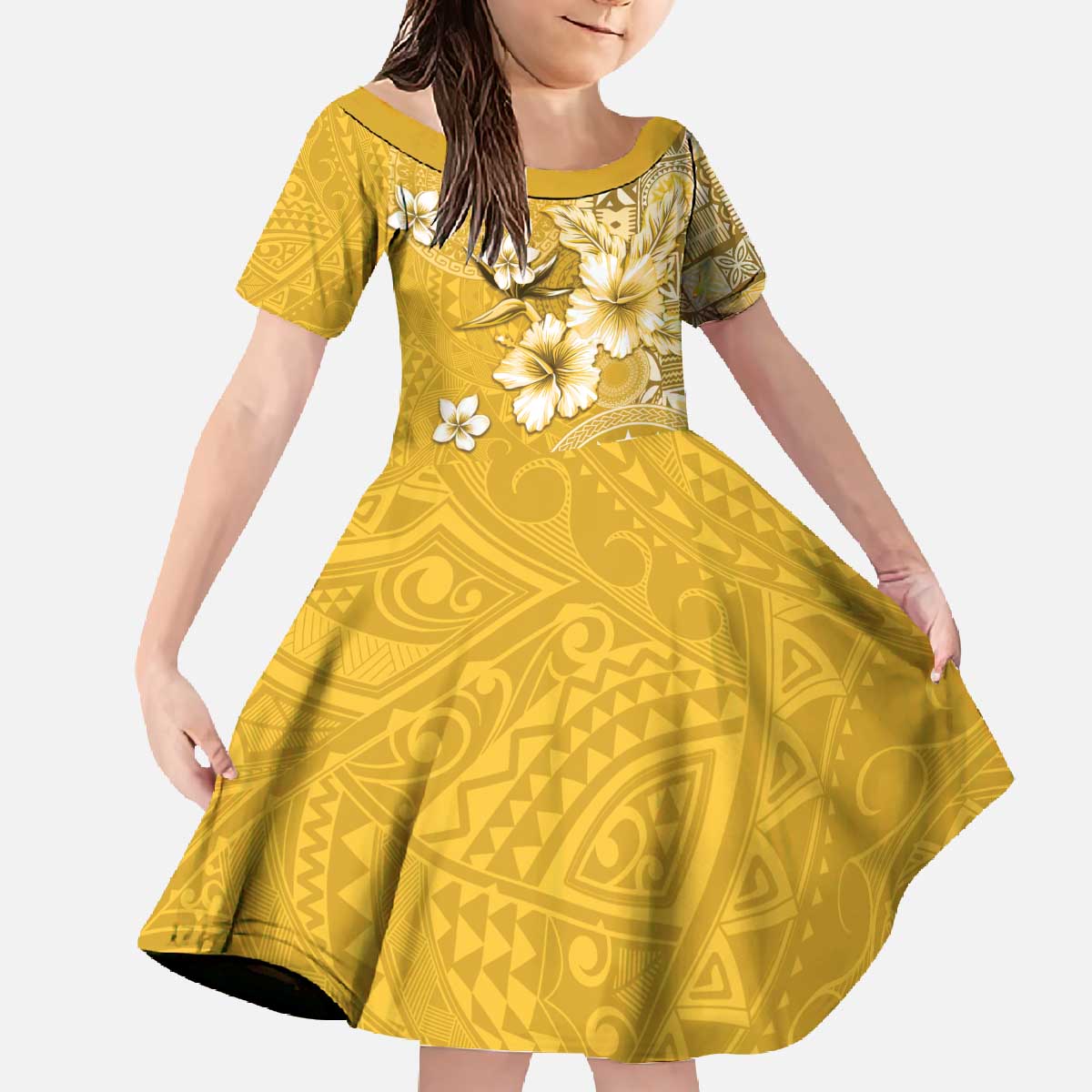 Cook Islands Family Matching Off The Shoulder Long Sleeve Dress and Hawaiian Shirt Yellow Hibiscus And Stars LT05 Daughter's Dress Yellow - Polynesian Pride