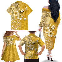 Cook Islands Family Matching Off The Shoulder Long Sleeve Dress and Hawaiian Shirt Yellow Hibiscus And Stars LT05 - Polynesian Pride