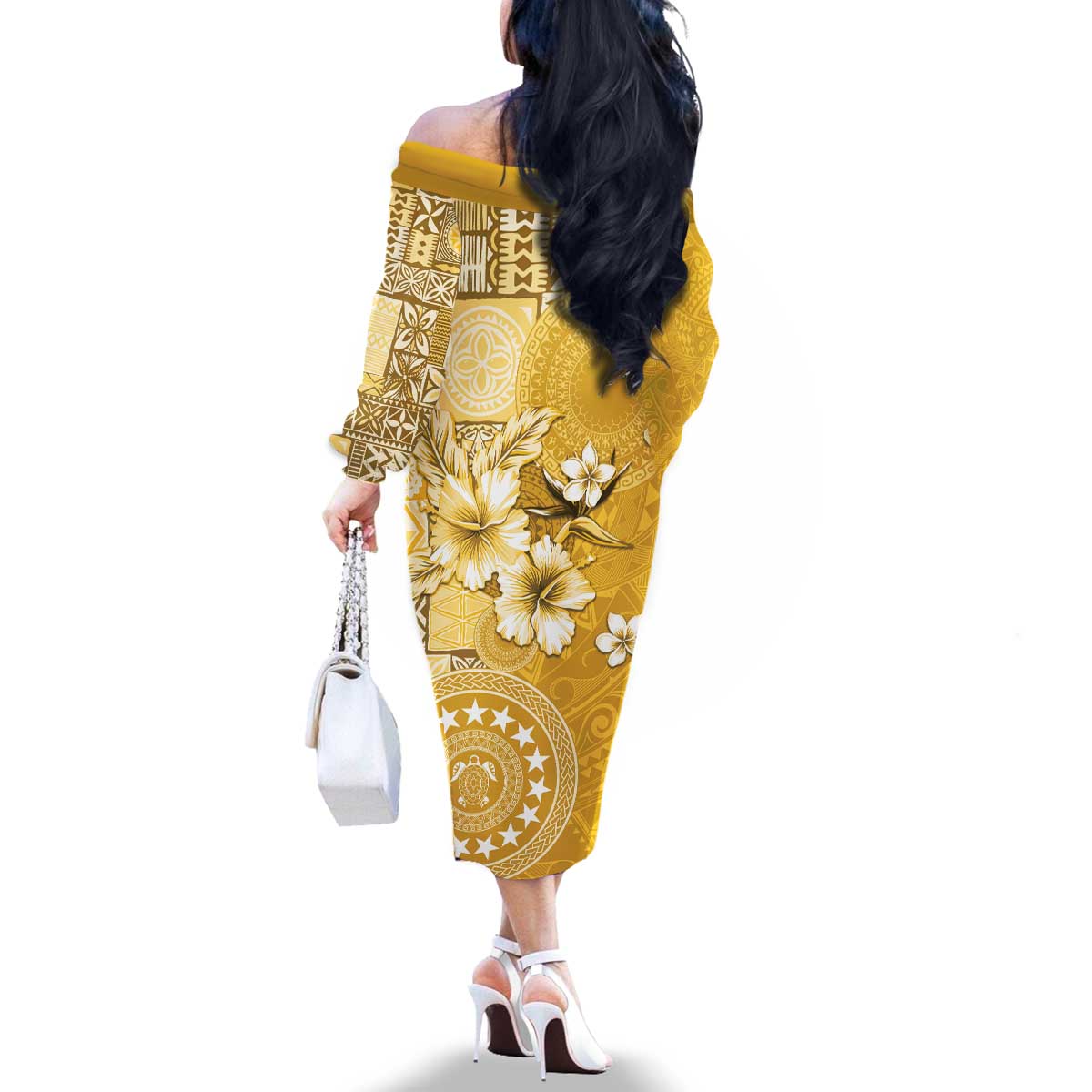 Cook Islands Family Matching Off The Shoulder Long Sleeve Dress and Hawaiian Shirt Yellow Hibiscus And Stars LT05 - Polynesian Pride
