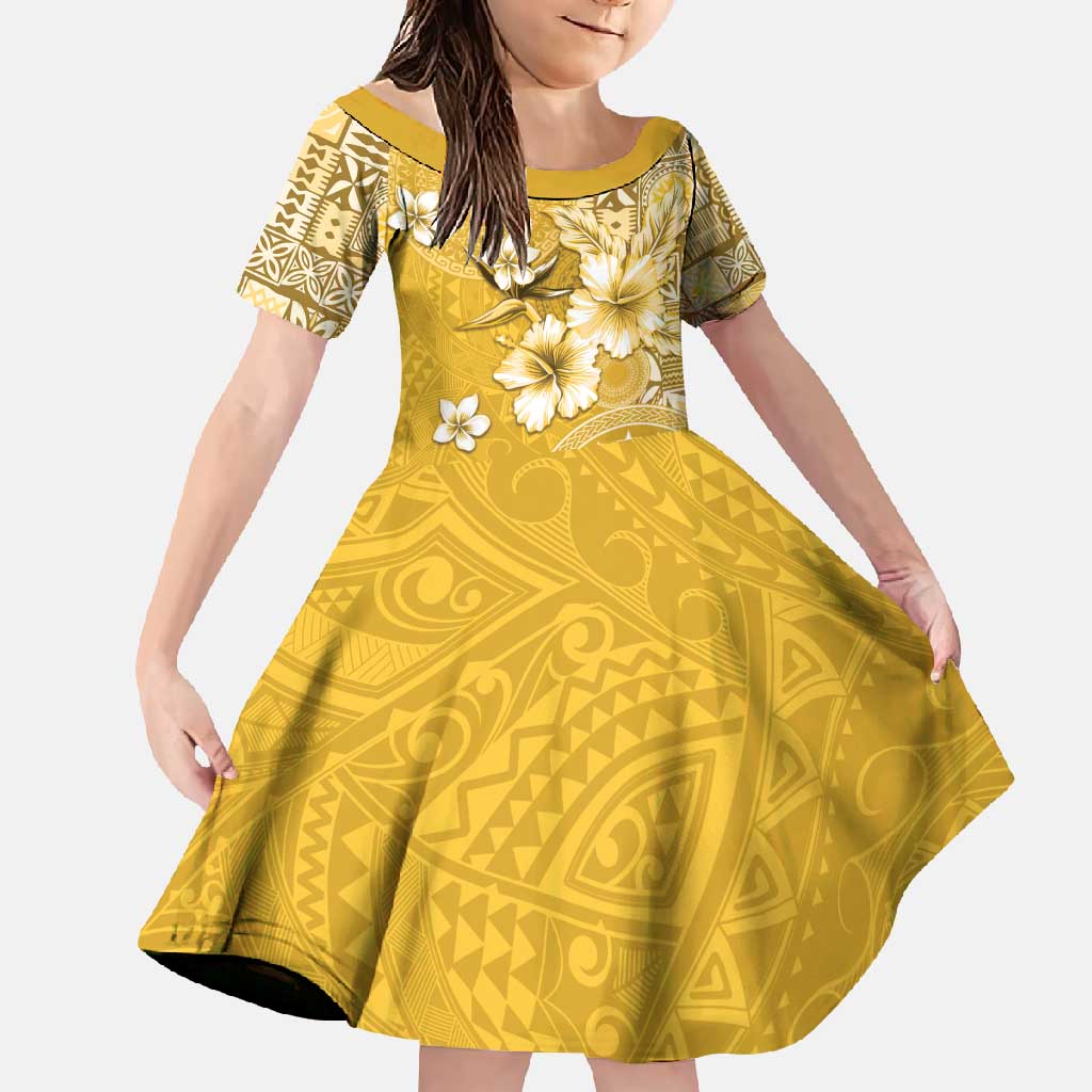 Cook Islands Family Matching Off Shoulder Maxi Dress and Hawaiian Shirt Yellow Hibiscus And Stars LT05 Daughter's Dress Yellow - Polynesian Pride