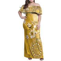 Cook Islands Family Matching Off Shoulder Maxi Dress and Hawaiian Shirt Yellow Hibiscus And Stars LT05 Mom's Dress Yellow - Polynesian Pride