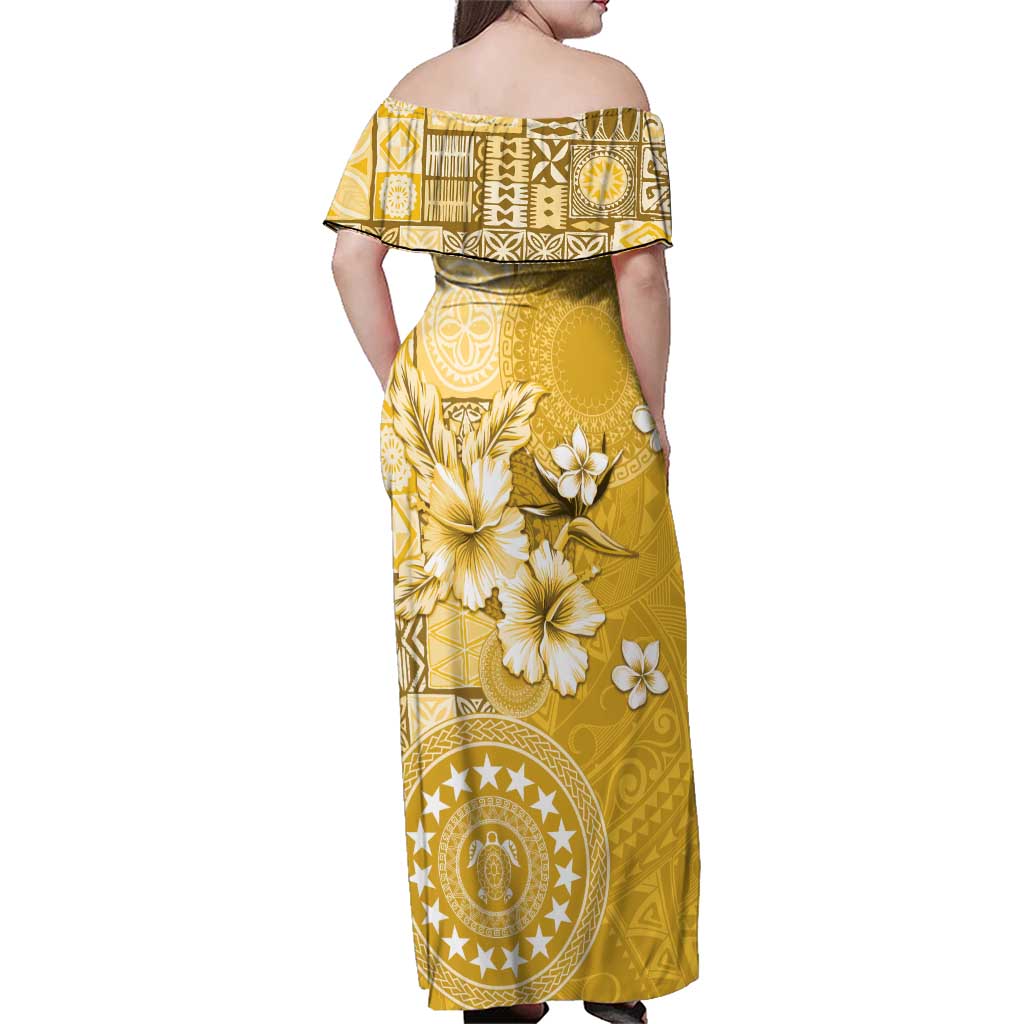 Cook Islands Family Matching Off Shoulder Maxi Dress and Hawaiian Shirt Yellow Hibiscus And Stars LT05 - Polynesian Pride